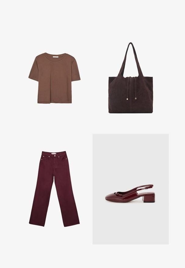 T-shirt marron à manches courtes en tissu doux, avec un col rond et une coupe décontractée. Aucun motif ni accent visible.; Jean taille haute bordeaux avec coupe droite, dotés de poches avant, d'une fermeture à bouton et d'accents en métal couleur cuivre.; Chaussure à talon bas en cuir verni bordeaux, avec un bout carré, un petit talon carré et un détail de nœud décoratif sur la sangle avant.; Mango Cabas - dark brown