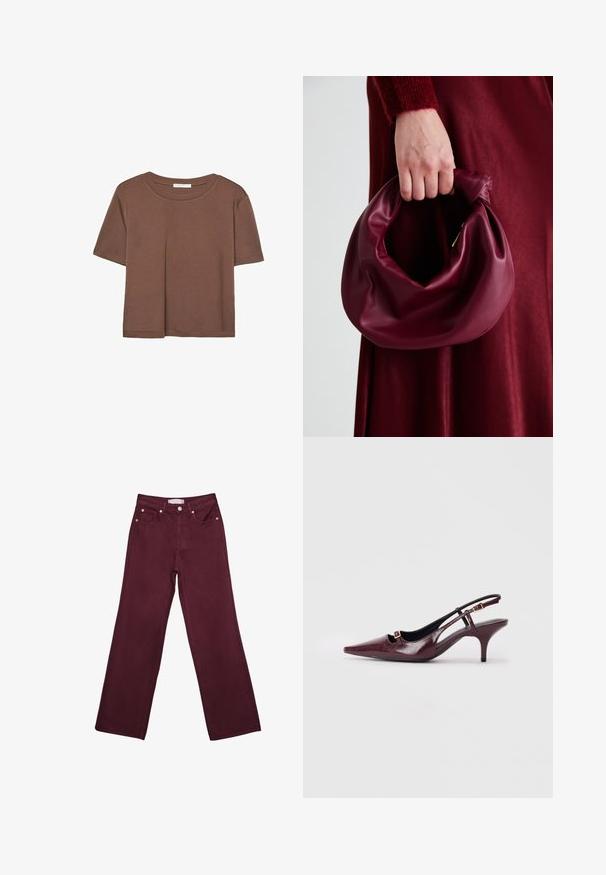Braunes, kurzärmliges T-Shirt aus weichem Material mit rundem Halsausschnitt und lockerer Passform. Keine sichtbaren Muster oder Akzente.; Burgunderfarbene hochtaillierte Jeans mit geradem Bein-Design, ausgestattet mit vorderen Taschen, einem Knopfverschluss und metallischen Akzenten in Kupferfarbe.; Burgunderfarbene Slingback-Absätze mit einer spitzen Zehenform, glänzender Lederoberfläche, kleinem Ausschnitt vorne und schmalem Stiletto-Absatz mit goldenen Akzenten.; Burgunderleder-Handtasche mit einem weichen, gerafften Design und einer gerundeten Form. Der Griff ist gesichert und zeigt eine glatte Textur.