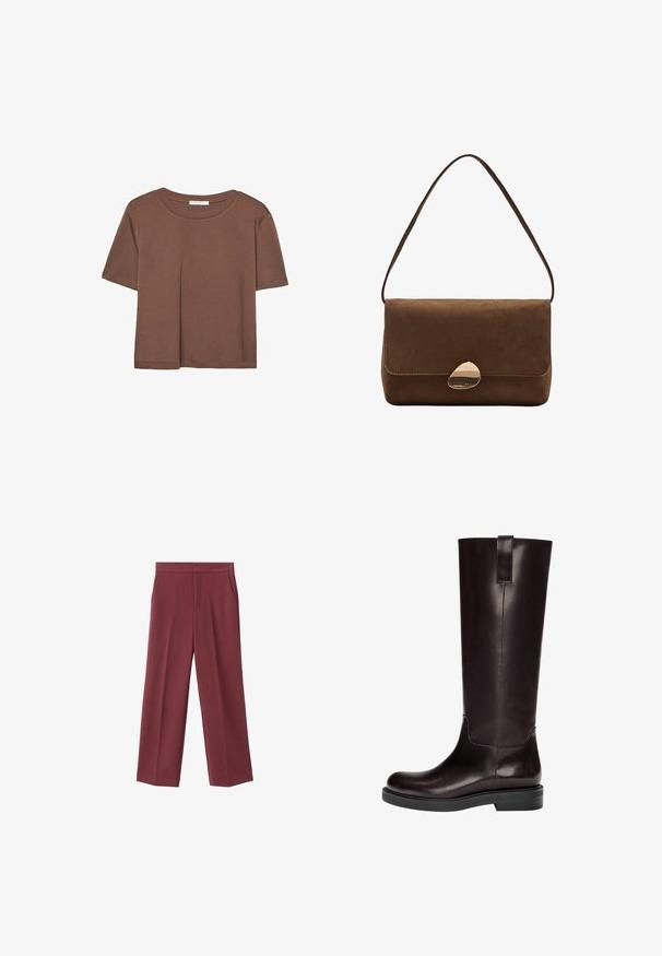 Smeđi kratki rukav majica od mekog materijala, s okruglim izrezom i opuštenim krojem. Nema vidljivih uzoraka ili naglasaka.; Bordo široke hlače od glatkog materijala, s bočnim džepovima i visokim strukom. Krojene s urednim prednjim pregibom.; Čizme od smeđe kože do koljena s glatkom teksturom, okruglim vrhom i ravnim crnim gumeni potplat. Imaju vertikalnu šav i stražnju petlju.; Smeđa antilop torba preko ramena s zakrivljenim zlatnim kopčom i jednom trakom, pravokutnog oblika s preklopom.