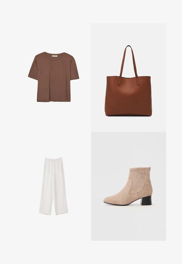 T-shirt marron à manches courtes en tissu doux, avec un col rond et une coupe décontractée. Aucun motif ni accent visible.; Pantalons larges blancs en tissu léger. Dotés d'une taille élastique avec cordon de serrage et de poches latérales. Texture lisse.; Bottines en suède beige à bout arrondi, avec des panneaux latéraux en elastic et un talon bloc avec une finition noire lisse.; Sac fourre-tout en cuir marron avec une texture lisse, design à ouverture supérieure et deux poignées pour le porter à l'épaule. Présente des coutures minimales et aucun matériel visible.