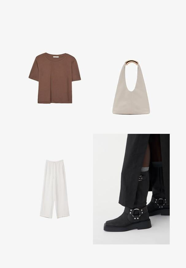 Rjava kratka majica s kratkimi rokavi iz mehkega materiala, s krožnim izrezom in ohlapnim krojem. Brez vidnih vzorcev ali dodatkov.; Bele široke hlače iz lahkega materiala. Imajo elastičen pas s vrvico in stranske žepe. Gladka tekstura.; Črne gležnjarje iz usnja z mat finišem, kvadratnim nosom in dekorativnimi sponkami. Podplat je masiven in teksturiran.; Svetlo siva usnjena torba z U-oblika zasnovo in ukrivljenim kovinskim ročajem. Gladka tekstura z minimalnim šivom in brez vidnih vzorcev.