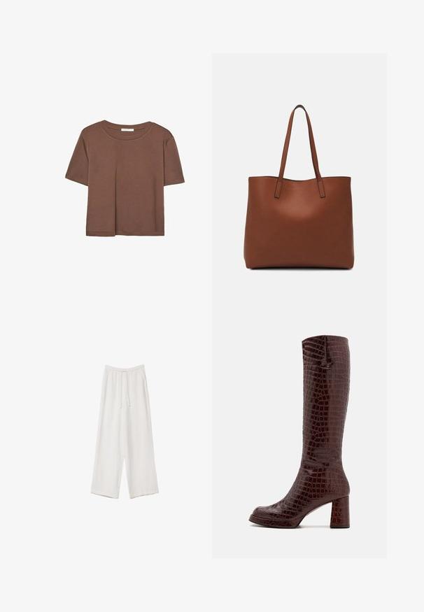 Brown short-sleeve t-shirt made of soft fabric, with a round neckline and relaxed fit. No visible patterns or accents.; White wide-leg trousers made from a lightweight fabric. Features an elastic waistband with a drawstring and side pockets. Smooth texture.; Chie Mihara KANYE - Platform boots - monda terra; Brown leather tote bag with a smooth texture, open top design, and two shoulder straps. Features minimal stitching and no visible hardware.