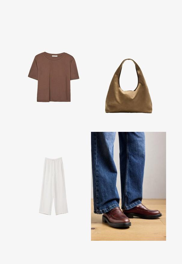 Korte mouwen T-shirt in bruin, gemaakt van een zachte stof, met een ronde halslijn en een relaxte pasvorm. Geen zichtbare patronen of accenten.; Witte wijde broek gemaakt van een lichte stof. Voorzien van een elastische tailleband met een trekkoord en zijzakken. Zachte textuur.; Persoon in bruine leren instappers en blauwe spijkerbroek, staand op een houten vloer tegen een neutrale achtergrond.; Bruine stoffen schoudertas met een brede, ronde vorm en een grote uitsnede handvat. Zachte textuur, minimalistisch ontwerp en geen zichtbare hardware.