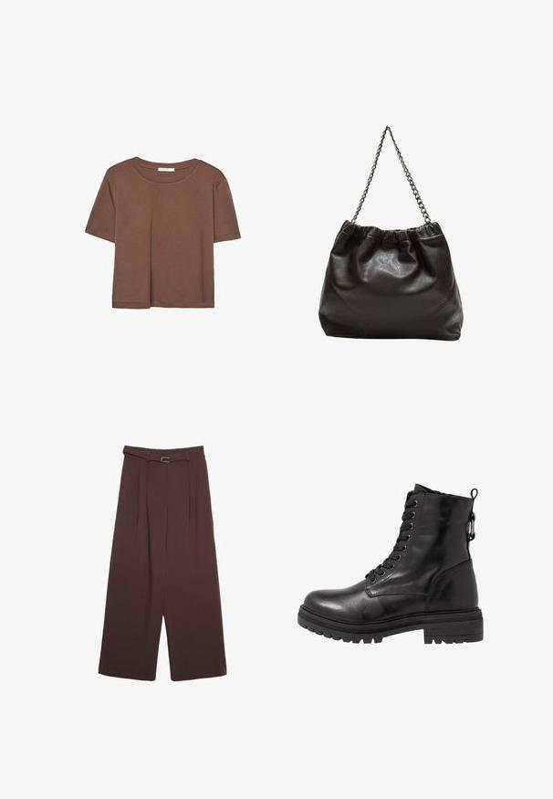 Hnedé tričko s krátkym rukávom vyrobené z jemného materiálu, s okrúhlym výstrihom a voľným strihom. Žiadne viditeľné vzory ani akcenty.; Stradivarius WIDE-LEG WITH BUCKLE DETAIL - Nohavice - dark brown; Čierne kožené členkové topánky s okrúhlou špičkou, šnurovaním v prednej časti a textúrovanou gumovou podrážkou. Obsahujú poutko na zadnej strane a zosilnené švy.; Hnedá kožená taška so zberaným vrchom a reťazovým popruhom. Hladký povrch s lesklým finišom a jemným švom po stranách.