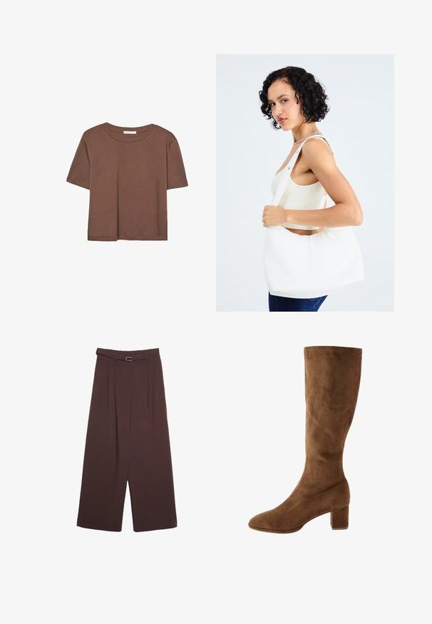 Braunes, kurzärmliges T-Shirt aus weichem Material mit rundem Halsausschnitt und lockerer Passform. Keine sichtbaren Muster oder Akzente.; Stradivarius WIDE-LEG WITH BUCKLE DETAIL - Stoffhose - dark brown; Braune Wildlederstiefel bis zum Knie mit spitz zulaufender Zehenpartie und Blockabsatz, die eine glatte Textur und saubere Nähte entlang der Kanten aufweisen.; Weißer Schultertasche aus glattem Material mit ovalem Ausschnitt und breitem Tragegurt. Einfach und modern, ohne sichtbare Hardware.