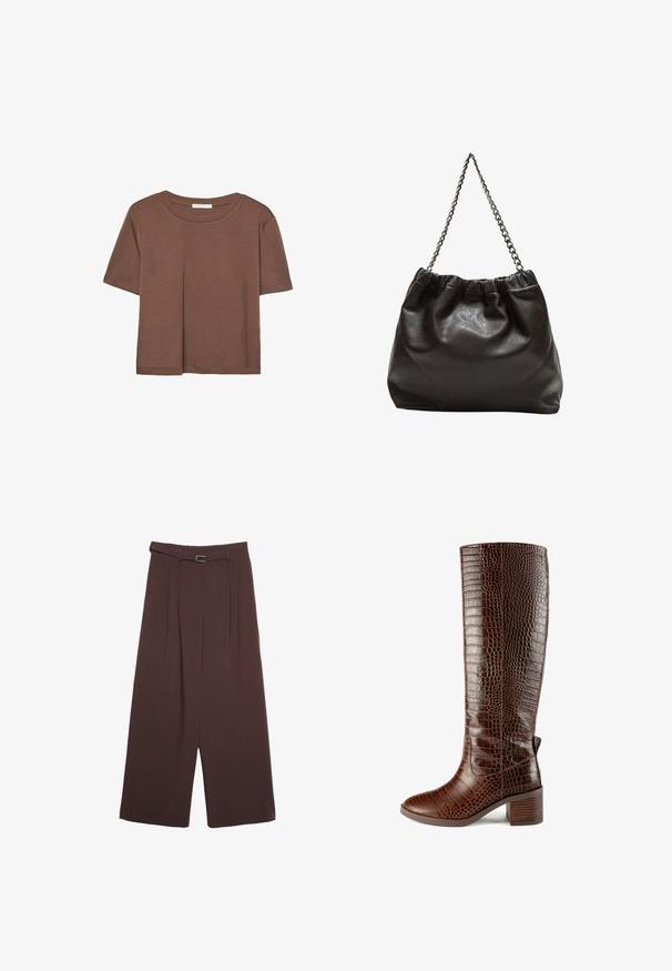 Kahvinsävyinen lyhythihainen t-paita, joka on valmistettu pehmeästä kankaasta. Pyöreä pääntie ja rento malli. Ei näkyviä kuvioita tai koristeita.; Stradivarius WIDE-LEG WITH BUCKLE DETAIL - Housut - dark brown; L37 SIMPLE LIFE - Saappaat - brown; Ruskea nahkainen laukku, jossa on kerätty yläosa ja ketjuhihna. Tasainen pinta, jossa kiiltävä viimeistely ja hienovaraiset sauman yksityiskohdat sivuilla.