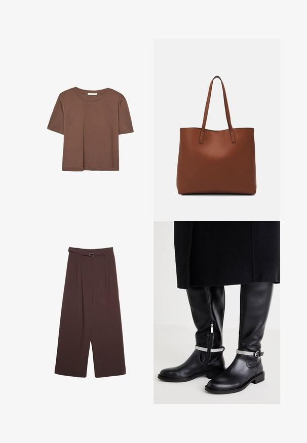 Brązowa koszulka z krótkim rękawem, wykonana z miękkiego materiału, z okrągłym dekoltem i luźnym krojem. Brak widocznych wzorów lub akcentów.; Stradivarius - Spodnie materiałowe; Czarne skórzane kozaki do kolan z suwakiem z boku, z metaliczną srebrną opaską wokół kostki i niskim obcasem w kształcie bloku.; Brązowa skórzana torba tote o gładkiej fakturze, z otwartym wierzchem i dwoma ramiączkami. Charakteryzuje się minimalnym przeszyciem i brakiem widocznych elementów metalowych.