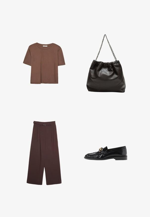Hnedé tričko s krátkym rukávom vyrobené z jemného materiálu, s okrúhlym výstrihom a voľným strihom. Žiadne viditeľné vzory ani akcenty.; Stradivarius WIDE-LEG WITH BUCKLE DETAIL - Nohavice - dark brown; Čierna kožená loafer obuv s okrúhlou špičkou, zhrnutou textúrou a zlatým kovovým zdobením. Plochý podpätok a hladký povrch.; Hnedá kožená taška so zberaným vrchom a reťazovým popruhom. Hladký povrch s lesklým finišom a jemným švom po stranách.