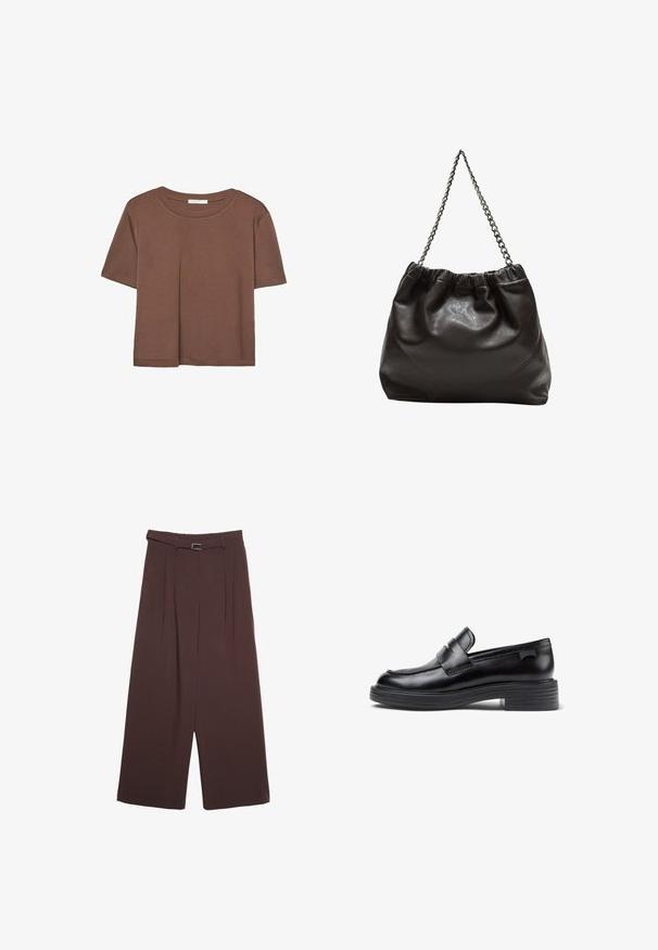 Brown short-sleeve t-shirt made of soft fabric, with a round neckline and relaxed fit. No visible patterns or accents.; Stradivarius WIDE-LEG WITH BUCKLE DETAIL - Trousers - dark brown; Black leather loafers with a rounded toe, featuring a stitched design and a chunky rubber sole. Accented with a decorative strap.; Brown leather bag with a gathered top and a chain strap. Smooth texture with a glossy finish and subtle seam detailing on the sides.