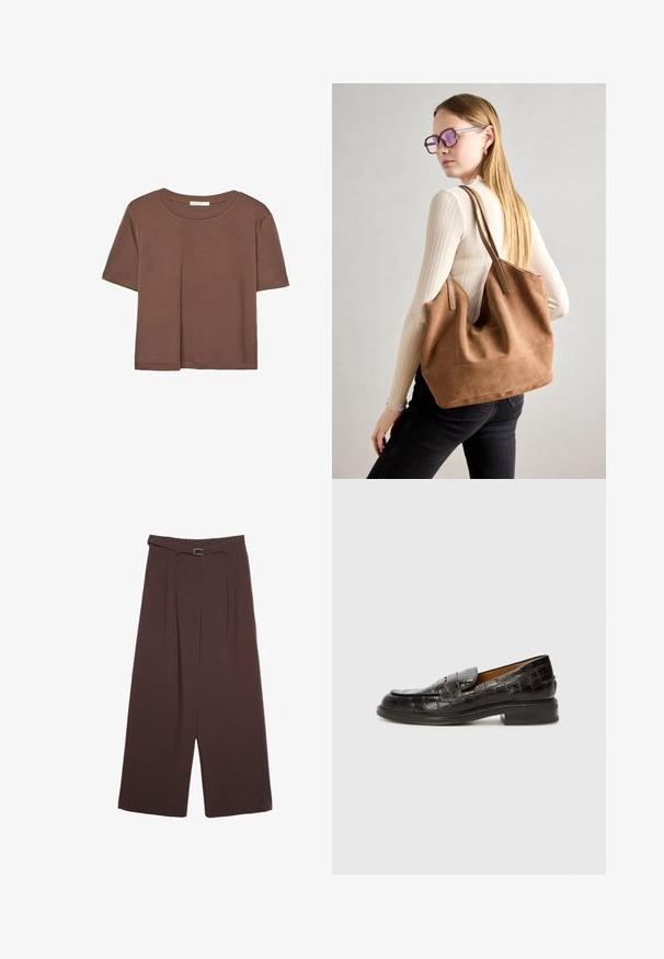 Brun kortærmet t-shirt lavet af blødt stof, med rund halsudskæring og afslappet pasform. Ingen synlige mønstre eller detaljer.; Stradivarius WIDE-LEG WITH BUCKLE DETAIL  - Bukser - dark brown; Billi Bi Loafers - espresso; Brun ruskind tote taske med blød tekstur, stor åbning og lange stropper. Har et enkelt design med synlige syninger og ingen hardware.
