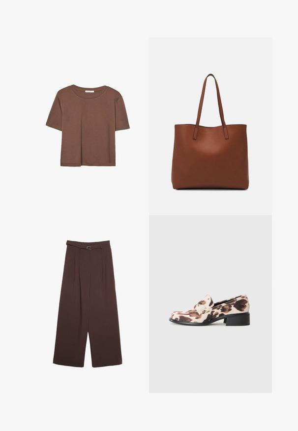 Maglietta a maniche corte marrone realizzata in tessuto morbido, con scollatura rotonda e vestibilità rilassata. Nessun motivo o dettaglio visibile.; Stradivarius WIDE-LEG WITH BUCKLE DETAIL - Pantaloni - dark brown; Mocassino a tacco basso con tacco impilato nero, tomaia in tessuto animale beige e marrone, e cinturino decorativo sulla vamp.; Borsa tote in pelle marrone con texture liscia, design con apertura superiore e due spallacci. Presenta cuciture minime e nessun hardware visibile.