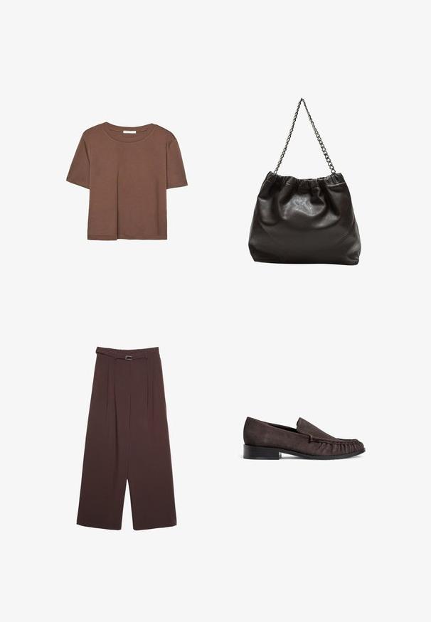 Braunes, kurzärmliges T-Shirt aus weichem Material mit rundem Halsausschnitt und lockerer Passform. Keine sichtbaren Muster oder Akzente.; Stradivarius WIDE-LEG WITH BUCKLE DETAIL - Stoffhose - dark brown; Braune Wildleder-Loafer mit einem niedrigen schwarzen Absatz und gerafften Details an der Vorderseite. Glatte Textur, runde Zehenform und minimalistisches Design.; Braune Lederhandtasche mit gerafftem Oberteil und Kettenriemen. Glatte Textur mit glänzendem Finish und subtilen Nahtdetails an den Seiten.