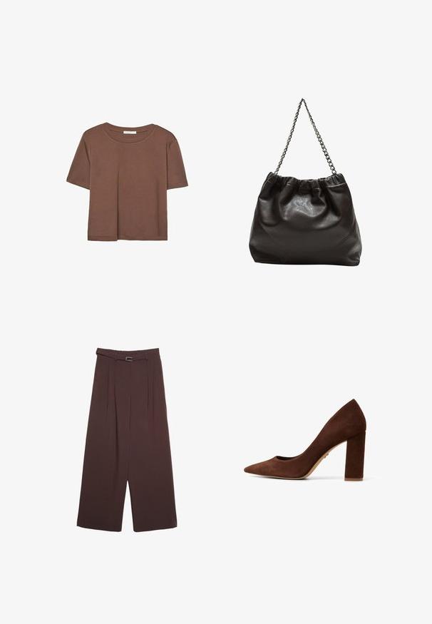 Brązowa koszulka z krótkim rękawem, wykonana z miękkiego materiału, z okrągłym dekoltem i luźnym krojem. Brak widocznych wzorów lub akcentów.; Stradivarius - Spodnie materiałowe; Brązowe zamszowe szpilki z wąskim noskiem i szerokim obcasem w kształcie bloku. Gładka tekstura i minimalistyczny design. Brak widocznych elementów metalowych lub wzorów.; Brązowa skórzana torba z marszczonym szczytem i łańcuszkowym paskiem. Gładka tekstura z błyszczącym wykończeniem i subtelnymi detalami szwów po bokach.