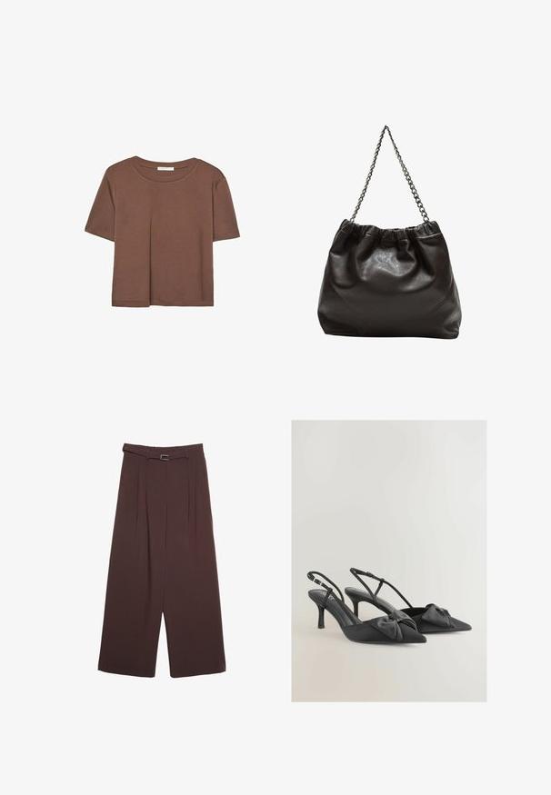 Kahvinsävyinen lyhythihainen t-paita, joka on valmistettu pehmeästä kankaasta. Pyöreä pääntie ja rento malli. Ei näkyviä kuvioita tai koristeita.; Stradivarius WIDE-LEG WITH BUCKLE DETAIL - Housut - dark brown; Musta satiini slingback-korkokengät, joissa on terävät varpaat, pienet nauhat vampissa ja hoikat korot. Varustettu säädettävillä nilkkahihnoilla.; Ruskea nahkainen laukku, jossa on kerätty yläosa ja ketjuhihna. Tasainen pinta, jossa kiiltävä viimeistely ja hienovaraiset sauman yksityiskohdat sivuilla.