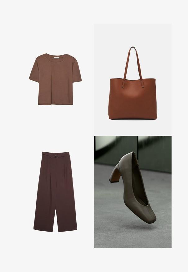 Rjava kratka majica s kratkimi rokavi iz mehkega materiala, s krožnim izrezom in ohlapnim krojem. Brez vidnih vzorcev ali dodatkov.; Stradivarius WIDE-LEG WITH BUCKLE DETAIL - Hlače - dark brown; Temno olivno zeleni usnjeni čevlji s petami, kvadratnim nosom in blokasto peto, ki lebde nad sivo betonsko tla s zamegljeno zeleno ozadjem.; Rjava usnjena torba z gladko teksturo, odprto zasnovo zgoraj in dvema naramnima trakovoma. Opremljena je z minimalnim šivanjem in brez vidnih kovinskih delov.