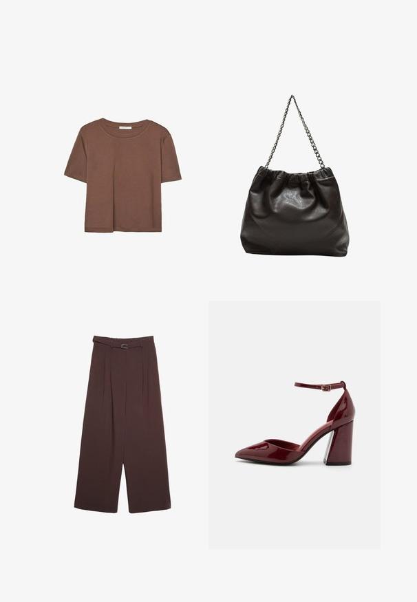 Braunes, kurzärmliges T-Shirt aus weichem Material mit rundem Halsausschnitt und lockerer Passform. Keine sichtbaren Muster oder Akzente.; Stradivarius WIDE-LEG WITH BUCKLE DETAIL - Stoffhose - dark brown; Burgunderrote Lackleder-Pumps mit Absatz, spitz zulaufender Zehenpartie, Knöchelriemen und blockartigem Absatz. Glatte Textur und elegantes Design.; Braune Lederhandtasche mit gerafftem Oberteil und Kettenriemen. Glatte Textur mit glänzendem Finish und subtilen Nahtdetails an den Seiten.