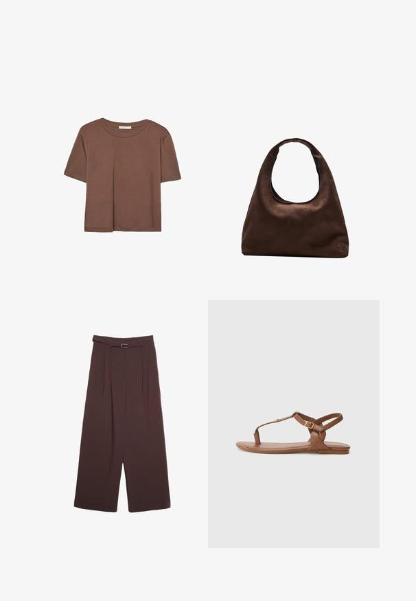 Hnědé tričko s krátkým rukávem vyrobené z měkké látky, s kulatým výstřihem a volným střihem. Bez viditelných vzorů nebo dekorací.; Stradivarius WIDE-LEG WITH BUCKLE DETAIL - Kalhoty - dark brown; Hnědé kožené sandály s designem T-šlape, nastavitelným kotníkovým páskem se zlatou sponou, plochou podrážkou a hladkým povrchem.; Měkká hnědá kabelka ve stylu hobo s jedním širokým popruhem a zakřiveným horním otvorem, vystavená na bílém pozadí.
