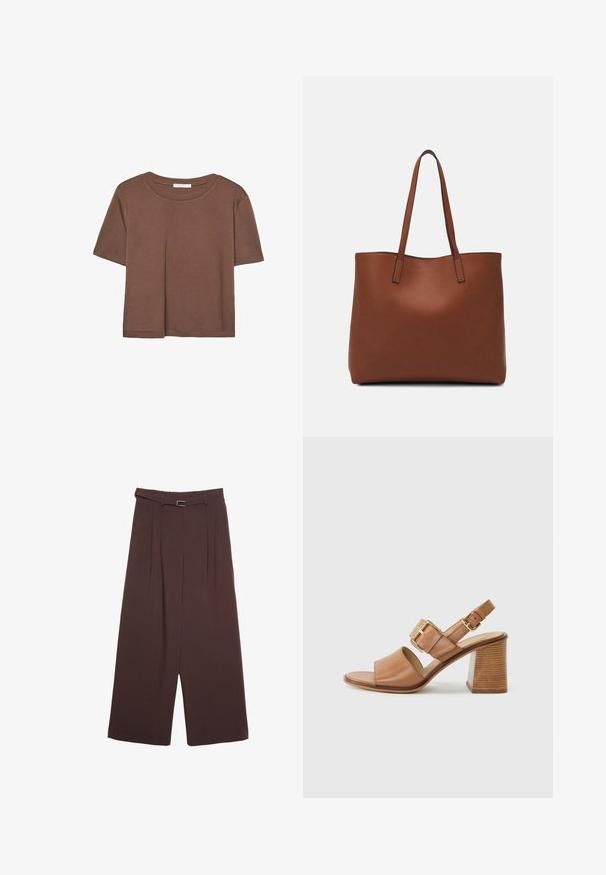 Brun kortærmet t-shirt lavet af blødt stof, med rund halsudskæring og afslappet pasform. Ingen synlige mønstre eller detaljer.; Stradivarius WIDE-LEG WITH BUCKLE DETAIL - Bukser - dark brown; Brune læderhælesandaler med en bred frontrem, justerbar ankelrem med en guldbuckle og en tekstureret blokheel.; Brun læder tote taske med en glat overflade, åben topdesign og to skulderremme. Har minimal syning og ingen synlig hardware.