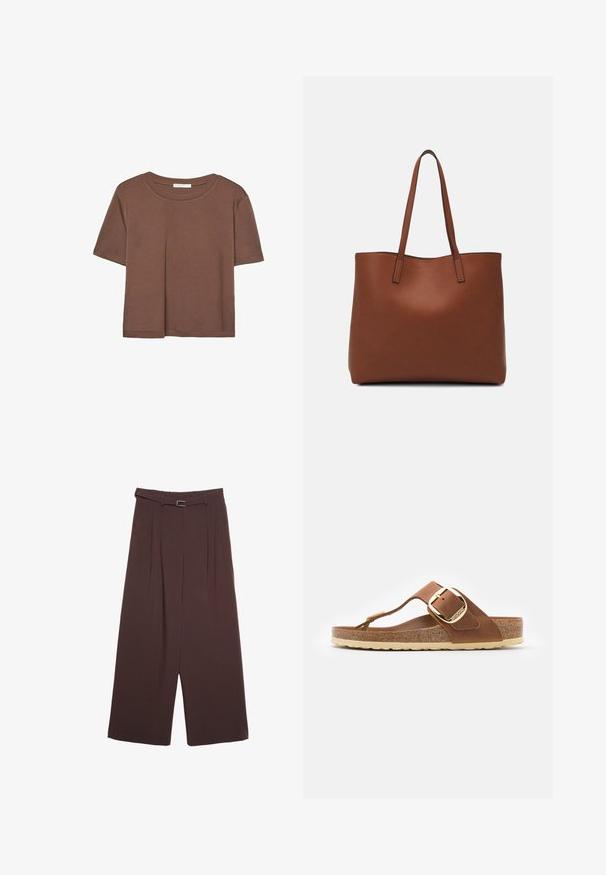 Brown short-sleeve t-shirt made of soft fabric, with a round neckline and relaxed fit. No visible patterns or accents.; Stradivarius WIDE-LEG WITH BUCKLE DETAIL - Trousers - dark brown; Brown leather thong sandal with a gold buckle and cork footbed; features a textured beige sole and minimalistic design.; Brown leather tote bag with a smooth texture, open top design, and two shoulder straps. Features minimal stitching and no visible hardware.