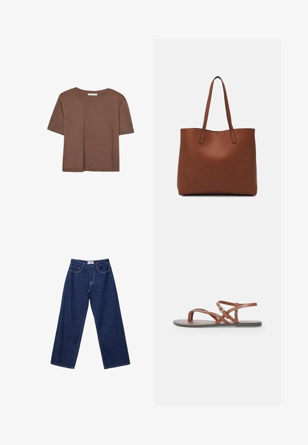 Rjava kratka majica s kratkimi rokavi iz mehkega materiala, s krožnim izrezom in ohlapnim krojem. Brez vidnih vzorcev ali dodatkov.; Široke temno modre kavbojke z gumbom, petimi žepi in kontrastnim belim šivanjem. Tkanina ima gladko, rahlo teksturirano površino.; Rjave usnjene sandale z ravnim podplatom, prečnimi trakovi, odprtim delom za prste in zaponko na gležnju. Gladka tekstura in minimalističen slog.; Rjava usnjena torba z gladko teksturo, odprto zasnovo zgoraj in dvema naramnima trakovoma. Opremljena je z minimalnim šivanjem in brez vidnih kovinskih delov.