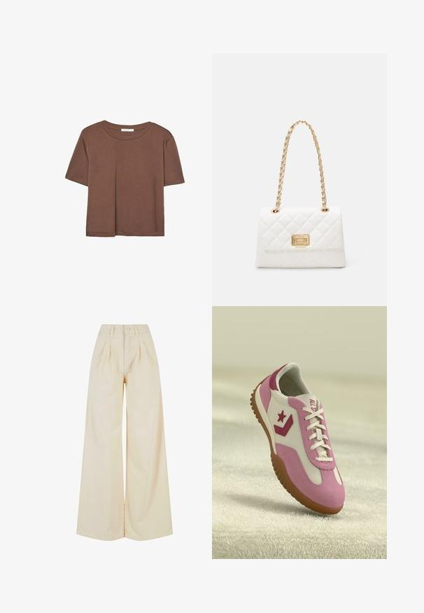 Maglietta a maniche corte marrone realizzata in tessuto morbido, con scollatura rotonda e vestibilità rilassata. Nessun motivo o dettaglio visibile.; Pantaloni beige a gamba larga con vita alta, dotati di chiusura a bottone e dettagli plissettati. Tessuto liscio con una morbida texture.; Sneaker rosa e bianca con suola in gomma e texture. Presenta un logo a stella e accenti in contrasto. Parte superiore liscia con dettagli dei lacci.; Borsa a tracolla bianca trapuntata con catena dorata e chiusura rettangolare. Presenta una superficie liscia e un motivo di cucitura geometrica.