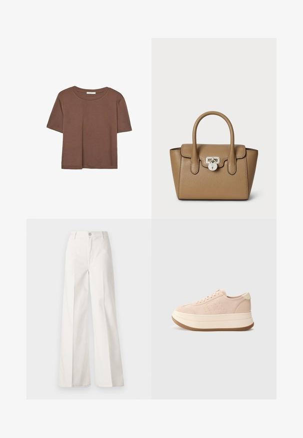 Hnedé tričko s krátkym rukávom vyrobené z jemného materiálu, s okrúhlym výstrihom a voľným strihom. Žiadne viditeľné vzory ani akcenty.; Biele široké nohavice vyrobené z bavlny s hladkou textúrou. Obsahujú predný gombík, zips a dizajn so štyrmi vreckami.; Ružové semišové tenisky s okrúhlou špičkou, šnurovaním vpredu a platformovou podrážkou. Obsahujú textúrované akcenty a kontrastnú krémovú pätku.; Lauren Ralph Lauren PEBBLED LEATHER SMALL TANNER SATCHEL - Kabelka - camel