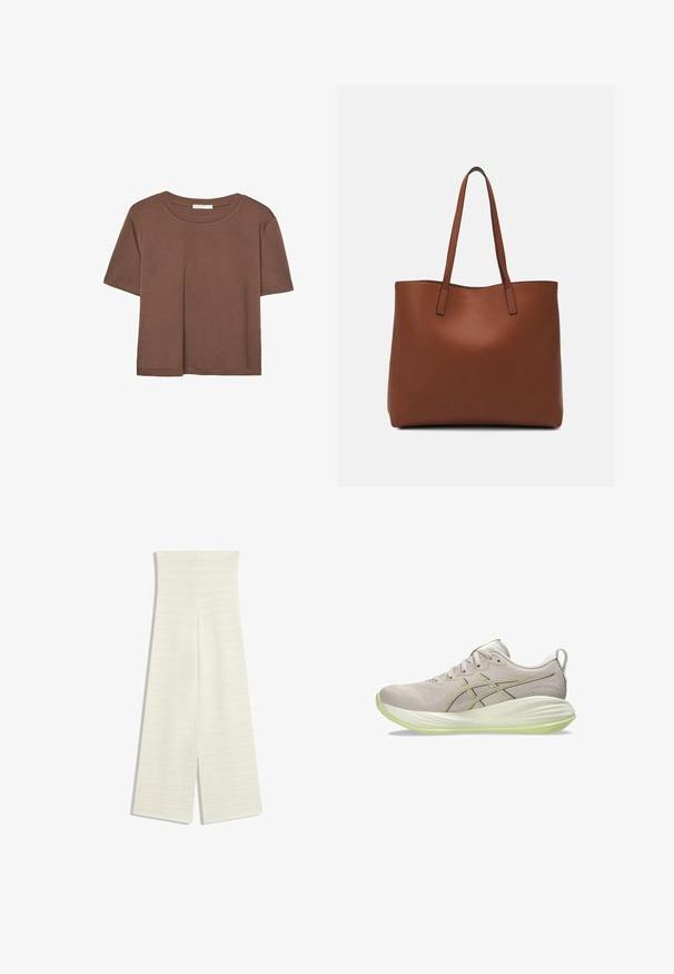 Korte mouwen T-shirt in bruin, gemaakt van een zachte stof, met een ronde halslijn en een relaxte pasvorm. Geen zichtbare patronen of accenten.; Wijdvallende broek in off-white gebreide stof, met een hoge taille en een gestructureerd patroon. Het ontwerp heeft aan elke kant een split aan de zoom.; Lichtgrijze sportschoen met een gladde textiele bovenkant, geel-groene accenten, gestructureerde zool en een traditioneel vetersysteem.; Bruine leren tote bag met een gladde textuur, een ontwerp met een open bovenkant en twee schouderbanden. Kenmerkt zich door minimale stiksels en geen zichtbare hardware.