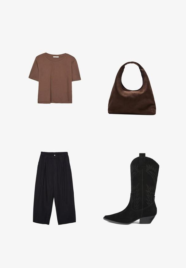 T-shirt marron à manches courtes en tissu doux, avec un col rond et une coupe décontractée. Aucun motif ni accent visible.; Pantalon culotte noir en polyester avec une taille élastique, deux plis avant et une silhouette ample. Pas de motifs visibles ni de détails matériels.; Botte de cowboy en daim noir avec un bout pointu, un tige de hauteur moyenne et des détails de couture en zigzag. Présente un talon bas et effilé.; Sac à main en toile marron doux de style hobo avec une large sangle unique et une ouverture en haut arrondie, présenté sur un fond blanc.