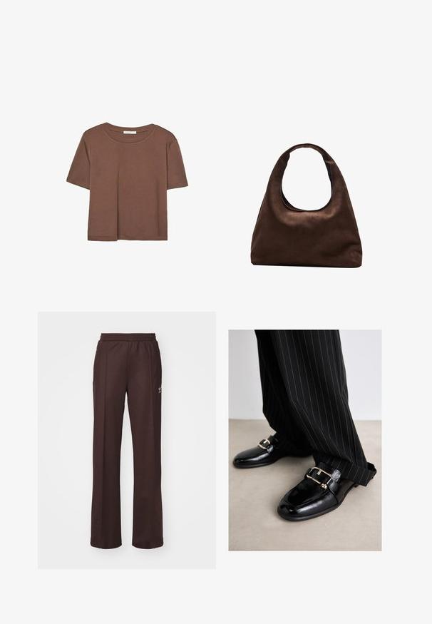 Braunes, kurzärmliges T-Shirt aus weichem Material mit rundem Halsausschnitt und lockerer Passform. Keine sichtbaren Muster oder Akzente.; Braune Sporthose mit einem elastischen Bund, zwei Seitentaschen und einem kleinen Logo auf der linken Seite, gefertigt aus weichem Stoff.; Schwarze Lederschuhe mit glänzender Oberfläche, ausgestattet mit einer großen goldenen Schnalle und Riemen, kombiniert mit schwarz gestreiften Anzughosen.; Weiche braune Hobo-Stil Handtasche mit einem einzigen breiten Trageriemen und einer geschwungenen Oberteilöffnung, auf einem weißen Hintergrund präsentiert.