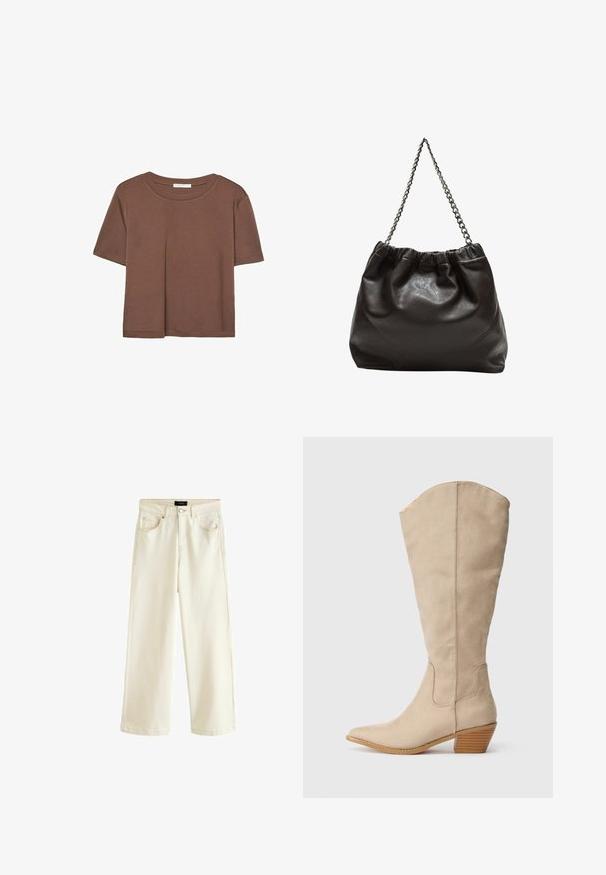 Hnedé tričko s krátkym rukávom vyrobené z jemného materiálu, s okrúhlym výstrihom a voľným strihom. Žiadne viditeľné vzory ani akcenty.; Široké nohavice v svetlo béžovom denime, so zapínaním na gombík, piatimi vreckami a hladkou textúrou. Jednoduchý a moderný dizajn.; Béžové zamšové čižmy po kolená s špicatou špičkou, zloženým podpätkom a viditeľnými švami. Hladká textúra s jednoduchým dizajnom.; Hnedá kožená taška so zberaným vrchom a reťazovým popruhom. Hladký povrch s lesklým finišom a jemným švom po stranách.
