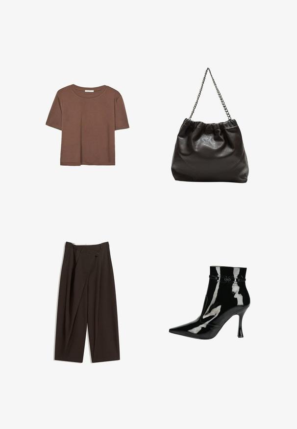 Braunes, kurzärmliges T-Shirt aus weichem Material mit rundem Halsausschnitt und lockerer Passform. Keine sichtbaren Muster oder Akzente.; Dunkelbraune, weite Hosen mit hohem Bund, die über einen einzigen Knopfverschluss und eine gefaltete Vorderseite verfügen. Hergestellt aus leichtem Stoff.; Schwarze Lackleder-Ankle Boots mit spitzer Zehenpartie, glänzender Oberfläche, eleganten Design und schmalem Stiletto-Absatz. Dekorative Riemenakzente.; Braune Lederhandtasche mit gerafftem Oberteil und Kettenriemen. Glatte Textur mit glänzendem Finish und subtilen Nahtdetails an den Seiten.