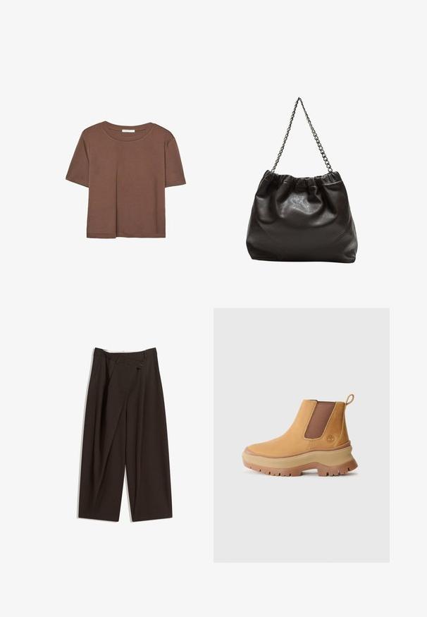 Hnědé tričko s krátkým rukávem vyrobené z měkké látky, s kulatým výstřihem a volným střihem. Bez viditelných vzorů nebo dekorací.; Tmavě hnědé široké kalhoty s vysokým pasem, vybavené jedním tlačítkem na zapínání a plisovaným předním dílem. Vyrobené z lehkého materiálu.; Hnědé kožené kotníkové boty s elastickými bočními panely, zaoblenou špičkou a silnou gumovou podrážkou s hlubokým vzorkem; na patě je pútko.; Hnědá kožená taška se sbíraným vrškem a řetízkovým popruhem. Hladký povrch s lesklým finišem a jemným švem na bocích.