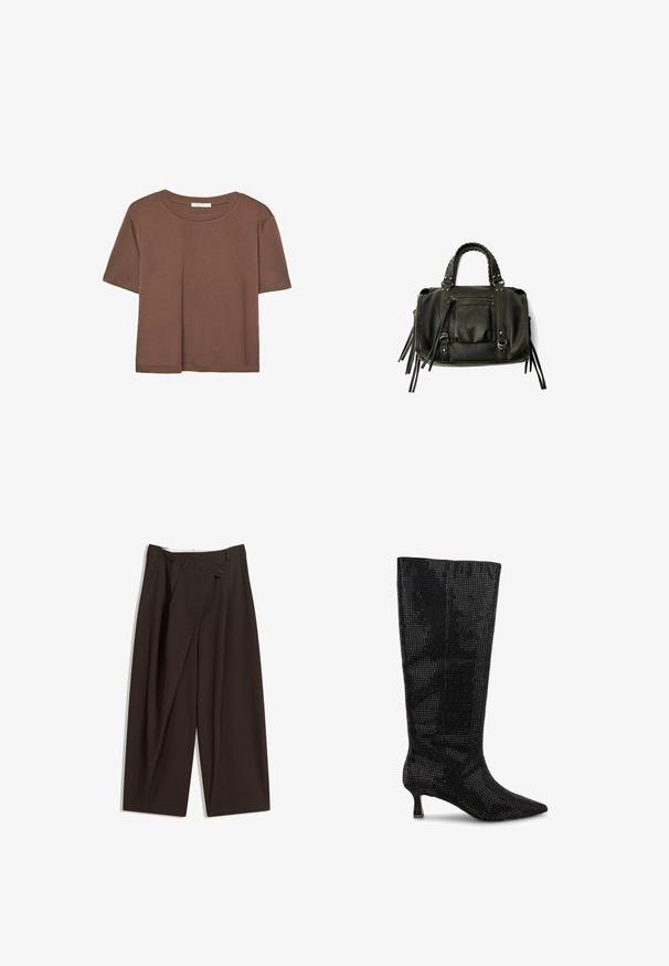 Brązowa koszulka z krótkim rękawem, wykonana z miękkiego materiału, z okrągłym dekoltem i luźnym krojem. Brak widocznych wzorów lub akcentów.; Ciemnobrązowe szerokie spodnie o wysokim stanie, z pojedynczym zapięciem na guzik i plisowanym przodem. Wykonane z lekkiego materiału.; Czarne kozaki do kolan z plecionym siateczkowym wzorem, spiczastym czubkiem i małym, blokowym obcasem. Posiadają teksturowaną powierzchnię i lekką konstrukcję.; Czarna skórzana torebka z plecionymi uchwytami, kieszenią na zamek i zawieszkami. Teksturowana powierzchnia z metalowymi ćwiekami i akcentami ze stali.