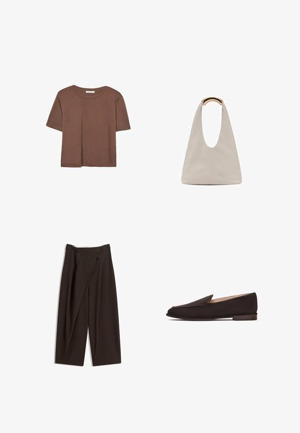 Maglietta a maniche corte marrone realizzata in tessuto morbido, con scollatura rotonda e vestibilità rilassata. Nessun motivo o dettaglio visibile.; Pantaloni a gamba larga marrone scuro con vita alta, dotati di una chiusura con bottone singolo e una parte anteriore plissettata. Realizzati in tessuto leggero.; Mocassini neri con una tomaia in tessuto liscio, punta affusolata e tacco in legno basso. Presentano un design semplice senza chiusure visibili o decorazioni.; Borsa in pelle grigio chiaro con design a forma di U e manico metallico curvo. Texture liscia con cuciture minime e senza motivi visibili.