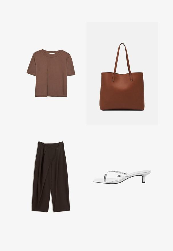 Rjava kratka majica s kratkimi rokavi iz mehkega materiala, s krožnim izrezom in ohlapnim krojem. Brez vidnih vzorcev ali dodatkov.; Temno rjave široke hlače z visokim pasom, ki imajo en gumb za zapiranje in zamaščen sprednji del. Narejene so iz lahkega blaga.; Next SIGNATURE TOE POST REGULAR FIT - T-sandali - silver; Rjava usnjena torba z gladko teksturo, odprto zasnovo zgoraj in dvema naramnima trakovoma. Opremljena je z minimalnim šivanjem in brez vidnih kovinskih delov.