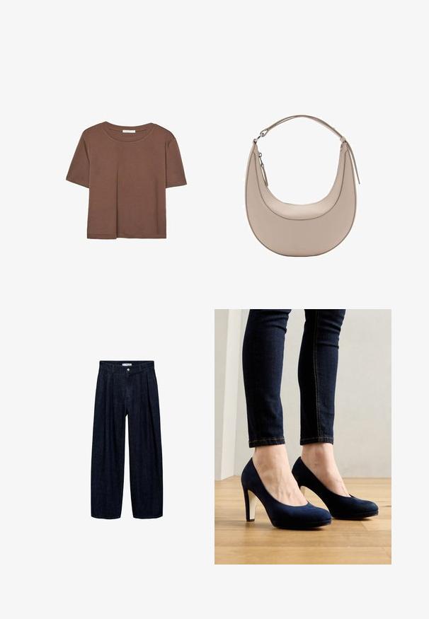 Rjava kratka majica s kratkimi rokavi iz mehkega materiala, s krožnim izrezom in ohlapnim krojem. Brez vidnih vzorcev ali dodatkov.; Temne traper hlače širokega kroja z naborki na pasu, z sprednjim gumbom in zankami za pas. Gladka tekstura in dolga zasnova.; Mornarsko modre semiš pete z zaobljenim nosom in kontrastnim belim peto. Oblečene z temno denimo skinny džinsom na lesenem tleh.; Bež usnjena torba za rame v obliki kružnice, z gladko teksturo in eno ukrivljeno zanko. Ima zadrgo in urejen šiv.