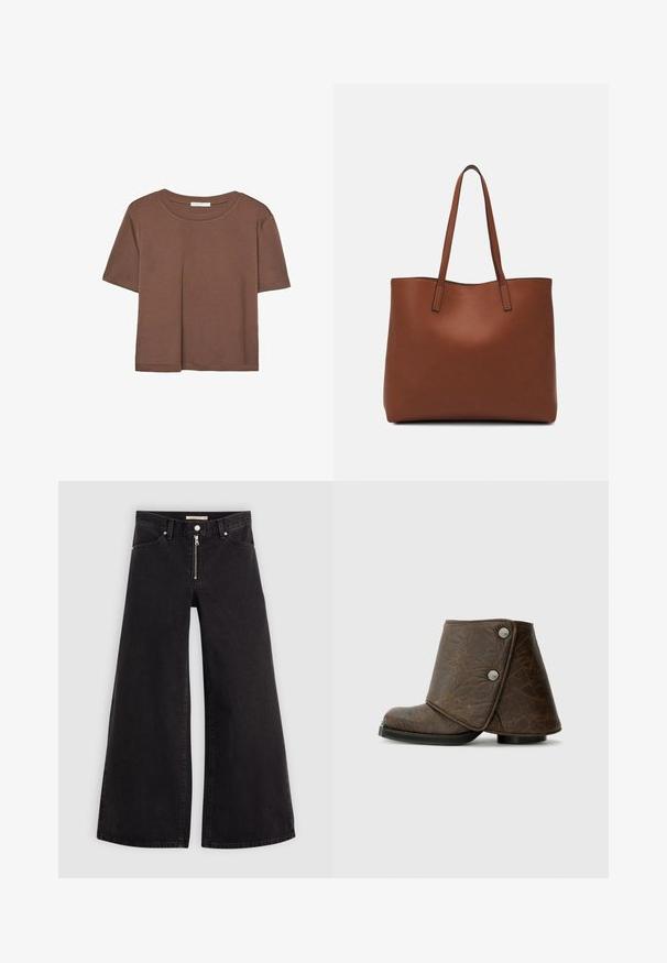 Brązowa koszulka z krótkim rękawem, wykonana z miękkiego materiału, z okrągłym dekoltem i luźnym krojem. Brak widocznych wzorów lub akcentów.; Jeans o szerokich nogawkach w czarnym denienie z zamkiem błyskawicznym z przodu, pięcioma kieszeniami i subtelnymi detalami przeszycia. Gładka tekstura i swobodny styl.; Brązowy skórzany botek na kostkę z zagiętym designem, akcentami ze srebrnego metalu, okrągłym noskiem i teksturowanym wykończeniem. Niska, płaska czarna podeszwa.; Brązowa skórzana torba tote o gładkiej fakturze, z otwartym wierzchem i dwoma ramiączkami. Charakteryzuje się minimalnym przeszyciem i brakiem widocznych elementów metalowych.