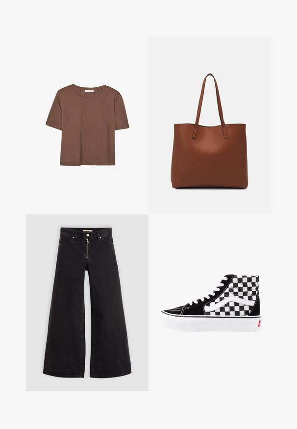 Brązowa koszulka z krótkim rękawem, wykonana z miękkiego materiału, z okrągłym dekoltem i luźnym krojem. Brak widocznych wzorów lub akcentów.; Jeans o szerokich nogawkach w czarnym denienie z zamkiem błyskawicznym z przodu, pięcioma kieszeniami i subtelnymi detalami przeszycia. Gładka tekstura i swobodny styl.; Czarno-białe sneakersy typu high-top z wzorem w szachownicę, skórzane wykończenie, kontrastowe białe sznurowadła i biała gumowa podeszwa z czerwonym logo.; Brązowa skórzana torba tote o gładkiej fakturze, z otwartym wierzchem i dwoma ramiączkami. Charakteryzuje się minimalnym przeszyciem i brakiem widocznych elementów metalowych.