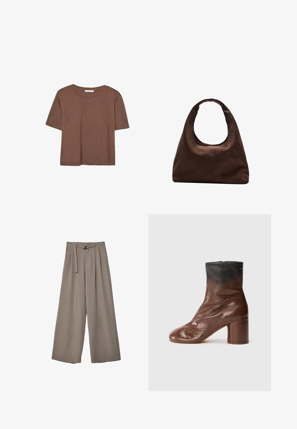 Smeđi kratki rukav majica od mekog materijala, s okruglim izrezom i opuštenim krojem. Nema vidljivih uzoraka ili naglasaka.; Široke hlače u mekoj, prigušenoj sivoj tkanini, s remenom na struku i plisiranim detaljima za dodatni dizajn. Glatka tekstura, bez uzoraka.; Smeđe kožne gležnjače s zaobljenim vrhom, s teksturiranim završetkom, crnim gornjim dijelom i debelim potplatom. Patentni zatvarač straga.; Meka mekana smeđa torba hobo stila s jednim širokim remenom i zakrivljenim otvaranjem na vrhu, prikazana na bijeloj pozadini.