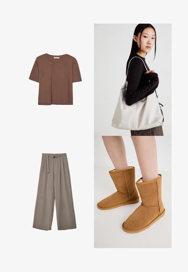Kahvinsävyinen lyhythihainen t-paita, joka on valmistettu pehmeästä kankaasta. Pyöreä pääntie ja rento malli. Ei näkyviä kuvioita tai koristeita.; Suurille lahkeille housuille pehmeässä, hillityssä harmaassa kankaassa, jossa on vyötäröllä vyö ja lisää muotoilun yksityiskohtia kuploissa. Sileä rakenne, ei kuvioita.; Beige mokkasiinit nilkkasaappaat pehmeällä, vaalean kermanvärisellä vuorilla. Ominaisuuksina litteä pohja ja ommeltuja yksityiskohtia saumoissa, suunniteltu mukavuutta varten.; Beige laukku, joka on valmistettu pehmeästä materiaalista, ja siinä on rento muotoilu, ommeltu yksityiskohtia ja kaksi olkahihnaa. Sopii päivittäiseen käyttöön.