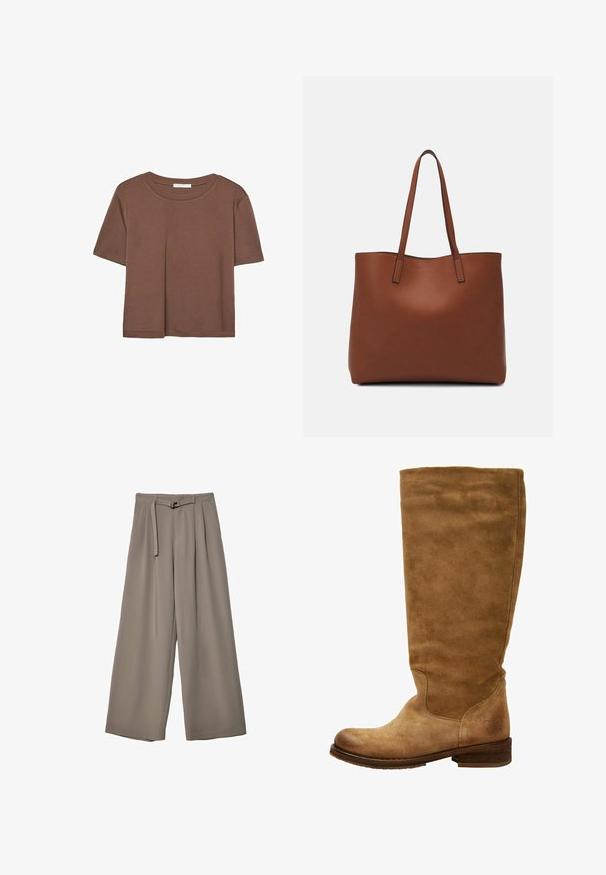 Maglietta a maniche corte marrone realizzata in tessuto morbido, con scollatura rotonda e vestibilità rilassata. Nessun motivo o dettaglio visibile.; Pantaloni a gamba larga in un morbido tessuto grigio tenue, con vita con cintura e pieghe per un tocco di design aggiuntivo. Texture liscia, senza motivi.; Stivale in suede marrone alto fino al ginocchio con punta arrotondata e tacco basso a blocco. Finitura liscia, cuciture minime e dettaglio del logo vicino al tacco.; Borsa tote in pelle marrone con texture liscia, design con apertura superiore e due spallacci. Presenta cuciture minime e nessun hardware visibile.
