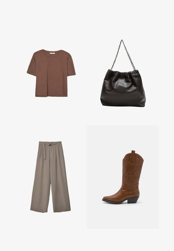 T-shirt marron à manches courtes en tissu doux, avec un col rond et une coupe décontractée. Aucun motif ni accent visible.; Pantalons évasés en tissu gris doux et muted, avec une taille ceinturée et des plis pour un détail de design supplémentaire. Texture lisse, sans motifs.; ONLY SHOES ONLBRONCO - Bottes de cowboy / motard - brown; Sac en cuir marron avec un haut froncé et une bandoulière en chaîne. Texture lisse avec une finition brillante et des coutures subtiles sur les côtés.