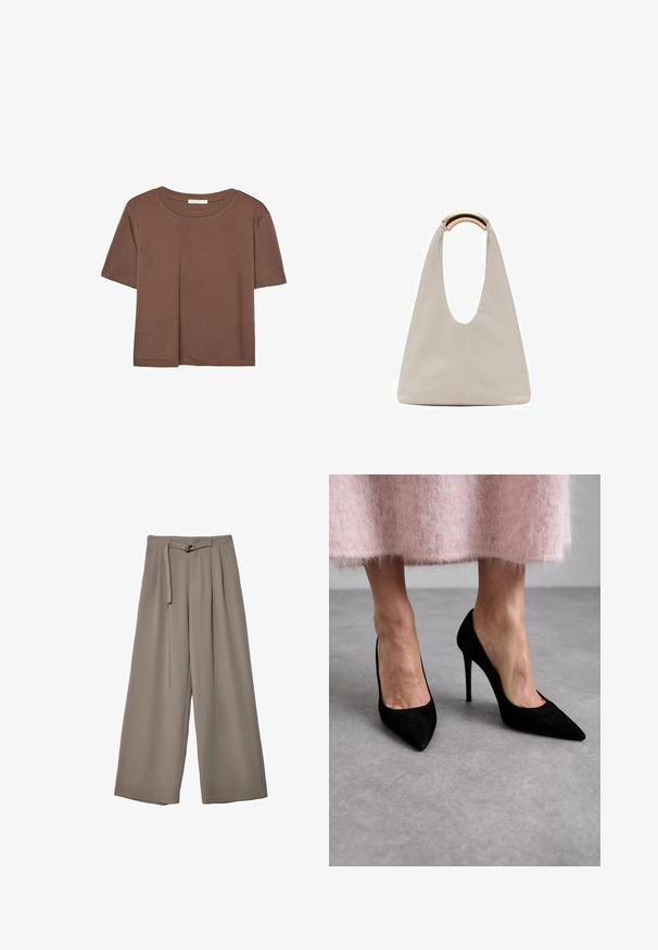 T-shirt marron à manches courtes en tissu doux, avec un col rond et une coupe décontractée. Aucun motif ni accent visible.; Pantalons évasés en tissu gris doux et muted, avec une taille ceinturée et des plis pour un détail de design supplémentaire. Texture lisse, sans motifs.; Talons hauts en daim noir avec des pointes et des talons aiguilles. Portés avec une jupe en peluche rose, l'accent est mis sur le design et la texture des chaussures.; Sac en cuir gris clair avec un design en forme de U et une poignée métallique courbée. Texture lisse avec un minimum de coutures et sans motifs visibles.