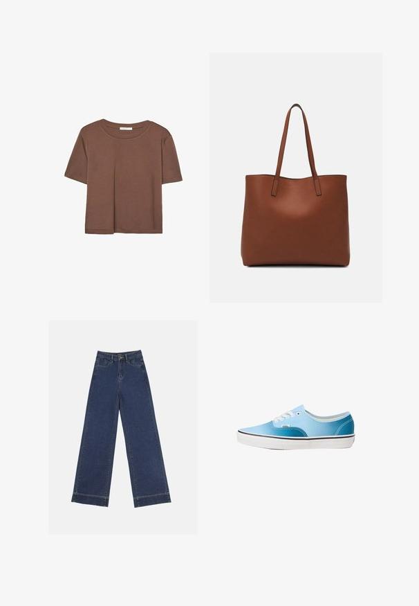 Braunes, kurzärmliges T-Shirt aus weichem Material mit rundem Halsausschnitt und lockerer Passform. Keine sichtbaren Muster oder Akzente.; Weite Jeans in dunkelblauem Denim. Verfügt über fünf Taschen, Gürtelschlaufen und einen rohen Saum am unteren Ende mit sichtbaren Nahtdetails.; Vans AUTHENTIC - Sneaker low - blue coral gradient; Braune Leder-Tote mit glatter Textur, offenem Oberteil und zwei Schulterriemen. Verfügt über minimale Nähte und keine sichtbaren Beschläge.