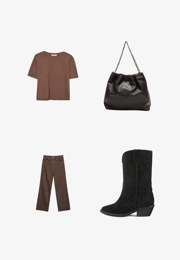 Smeđi kratki rukav majica od mekog materijala, s okruglim izrezom i opuštenim krojem. Nema vidljivih uzoraka ili naglasaka.; Proširene smeđe traperice od denima, s visokim strukom, prednjim džepovima i klasičnom kopčom na dugme. Glatka tekstura s suptilnim šavovima.; Crne suknjaste kaubojice sa izvezenim cvjetnim uzorkom, šiljastim vrhom i niskim blok-peta. Imaju visoki okovratnik i petlju za obuvanje.; Smeđa kožna torba s naboranim vrhom i lančićem za nošenje. Glatka tekstura s sjajnim završetkom i suptilnim šavnim detaljima sa strane.