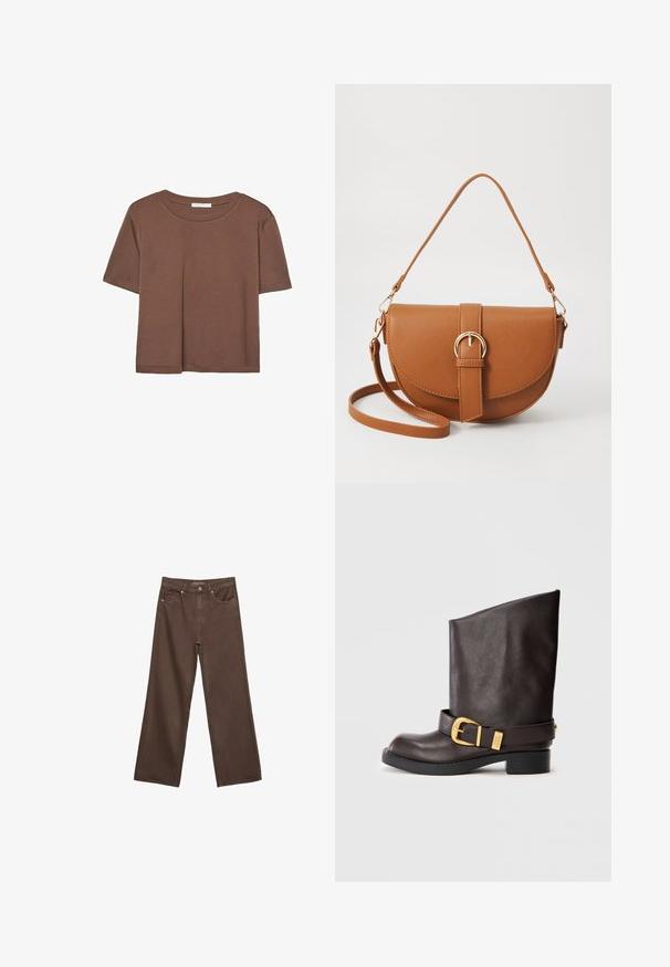 Kahvinsävyinen lyhythihainen t-paita, joka on valmistettu pehmeästä kankaasta. Pyöreä pääntie ja rento malli. Ei näkyviä kuvioita tai koristeita.; Leviittävät ruskeat farkut, jotka on valmistettu denimistä, korkea vyötärö, etutaskut ja klassinen nappikiinnitys. Silkkinen pinta hienovaraisella ompelutyöllä.; Tummanruskea keskipitkä nahkasaapas mustalla pohjalla, matalalla korolla ja koristeellisella kultahelmityllä vyöllä nilkan ympärillä, näkyy sivusta.; Ruskean nahkainen olkalaukku, jossa on kaareva muoto, kultaiset yksityiskohdat ja solkiyksityiskohta. Varustettu irrotettavalla olkahihnalla.