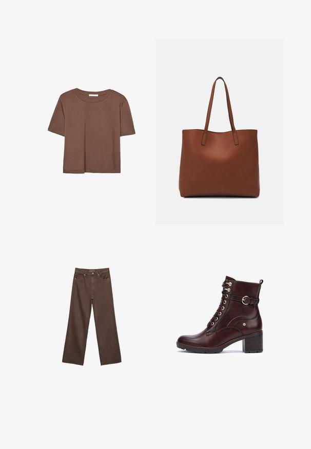 T-shirt marron à manches courtes en tissu doux, avec un col rond et une coupe décontractée. Aucun motif ni accent visible.; Jean brown à jambes larges en denim, doté d'une taille haute, de poches avant et d'une fermeture à bouton classique. Texture lisse avec des coutures subtiles.; Pikolinos LLANES - Boots à talons - dark brown; Sac fourre-tout en cuir marron avec une texture lisse, design à ouverture supérieure et deux poignées pour le porter à l'épaule. Présente des coutures minimales et aucun matériel visible.