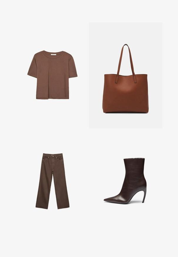 Smeđi kratki rukav majica od mekog materijala, s okruglim izrezom i opuštenim krojem. Nema vidljivih uzoraka ili naglasaka.; Proširene smeđe traperice od denima, s visokim strukom, prednjim džepovima i klasičnom kopčom na dugme. Glatka tekstura s suptilnim šavovima.; Smešani kožni gležnjača smeđe boje s oštrim vrhom, vitkom siluetom i visokim štiklama. Ima glatku teksturu i minimalistički dizajn.; Smeđa kožna torba preko ramena s glatkom teksturom, otvorenim vrhom i dvjema naramenicama. Ima minimalne šavove i nema vidljivog hardvera.