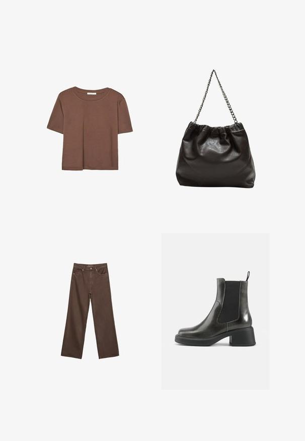 Brun kortärmad t-shirt i mjukt tyg, med rund halsringning och avslappnad passform. Inga synliga mönster eller detaljer.; Breda bruna jeans i denim med hög midja, framfickor och klassisk knäppning. Slät textur med subtil sömnad.; Svarta läderankelboots med en slät yta, elastiska sidopaneler och en kraftig klack. Har en dragflik för enklare påtagning.; Brun läderväska med rynkad topp och kedjesnodd. Slät textur med en blankslipad yta och subtila sömdetaljer på sidorna.