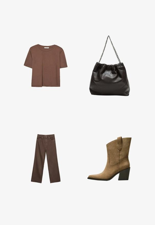 Brązowa koszulka z krótkim rękawem, wykonana z miękkiego materiału, z okrągłym dekoltem i luźnym krojem. Brak widocznych wzorów lub akcentów.; Szerokie brązowe dżinsy wykonane z denimu, z wysokim stanem, przednimi kieszeniami i klasycznym zapięciem na guzik. Gładka faktura z subtelnym przeszyciem.; Brązowe zamszowe kowbojki z ostrym nosem, z średniej wysokości bloczkowym obcasem i prostym przeszyciem wzdłuż szwów bocznych.; Brązowa skórzana torba z marszczonym szczytem i łańcuszkowym paskiem. Gładka tekstura z błyszczącym wykończeniem i subtelnymi detalami szwów po bokach.